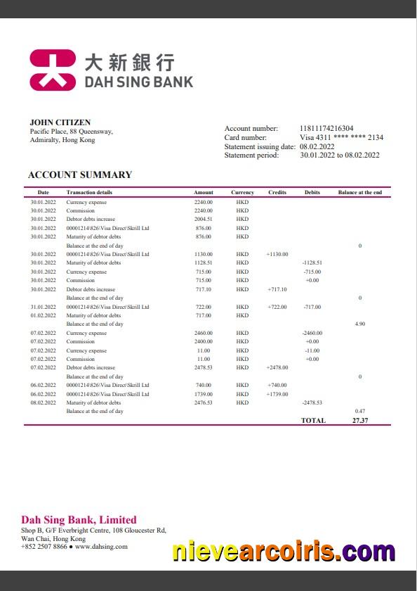 Hong Kong DAH Sing Bank statement, Word and PDF format